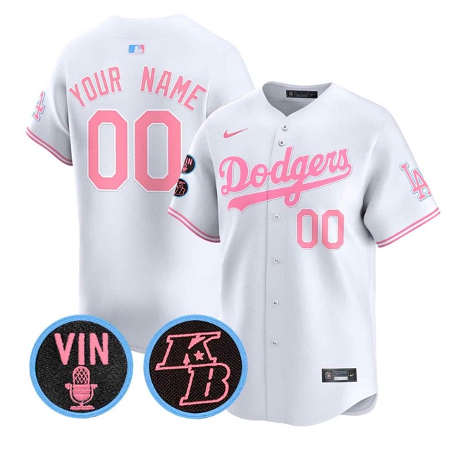 Women's Los Angeles Dodgers ACTIVE PLAYER Custom White/Pink With Vin & Kobe Patch Limited Stitched Baseball Jersey(Run Small)